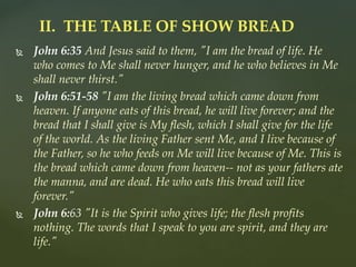  John 6:35 And Jesus said to them, "I am the bread of life. He
who comes to Me shall never hunger, and he who believes in Me
shall never thirst."
 John 6:51-58 "I am the living bread which came down from
heaven. If anyone eats of this bread, he will live forever; and the
bread that I shall give is My flesh, which I shall give for the life
of the world. As the living Father sent Me, and I live because of
the Father, so he who feeds on Me will live because of Me. This is
the bread which came down from heaven-- not as your fathers ate
the manna, and are dead. He who eats this bread will live
forever."
 John 6:63 "It is the Spirit who gives life; the flesh profits
nothing. The words that I speak to you are spirit, and they are
life."
II. THE TABLE OF SHOW BREAD
 