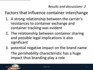 Results and discussions- 2
1. A strong relationship between the carrier’s
resistances to container exchange and
container tracking was evident
2. The relationship between container sharing
and possible legal implications is also
significant
3. potential negative impact on the brand name
The perishability characteristic has a huge
impact thus branding play a role
06/06/2019 ICBM 2016 12
[1].
Factors that influence container interchange
 