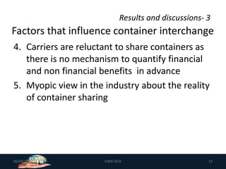 Results and discussions- 3
4. Carriers are reluctant to share containers as
there is no mechanism to quantify financial
and non financial benefits in advance
5. Myopic view in the industry about the reality
of container sharing
06/06/2019 ICBM 2016 13
Factors that influence container interchange
 