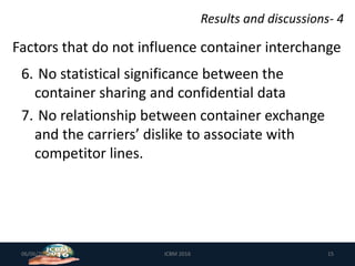 Results and discussions- 4
6. No statistical significance between the
container sharing and confidential data
7. No relationship between container exchange
and the carriers’ dislike to associate with
competitor lines.
06/06/2019 ICBM 2016 15
Factors that do not influence container interchange
 