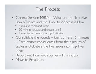 The Process	

•  General Session MBSN – What are the Top Five
Issues/Trends and the Time to Address is Now	

•  5 mins to think and write	

•  20 mins to discuss and create top 5	

•  5 minutes to create the top 5 stickies	

•  Consolidate the rounds – four corners 15 minutes
– Each corner consolidates from their groups of
tables and clusters the like issues into Top Five
ideas	

•  Report out from each corner - 15 minutes	

•  Move to Breakouts	

 