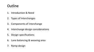Outline
1. Introduction & Need
2. Types of Interchanges
3. Components of interchange
4. Interchange design considerations
5. Design specifications
6. Lane balancing & weaving area
7. Ramp design
 
