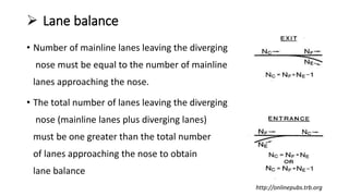  Lane balance
• Number of mainline lanes leaving the diverging
nose must be equal to the number of mainline
lanes approaching the nose.
• The total number of lanes leaving the diverging
nose (mainline lanes plus diverging lanes)
must be one greater than the total number
of lanes approaching the nose to obtain
lane balance
http://onlinepubs.trb.org
 