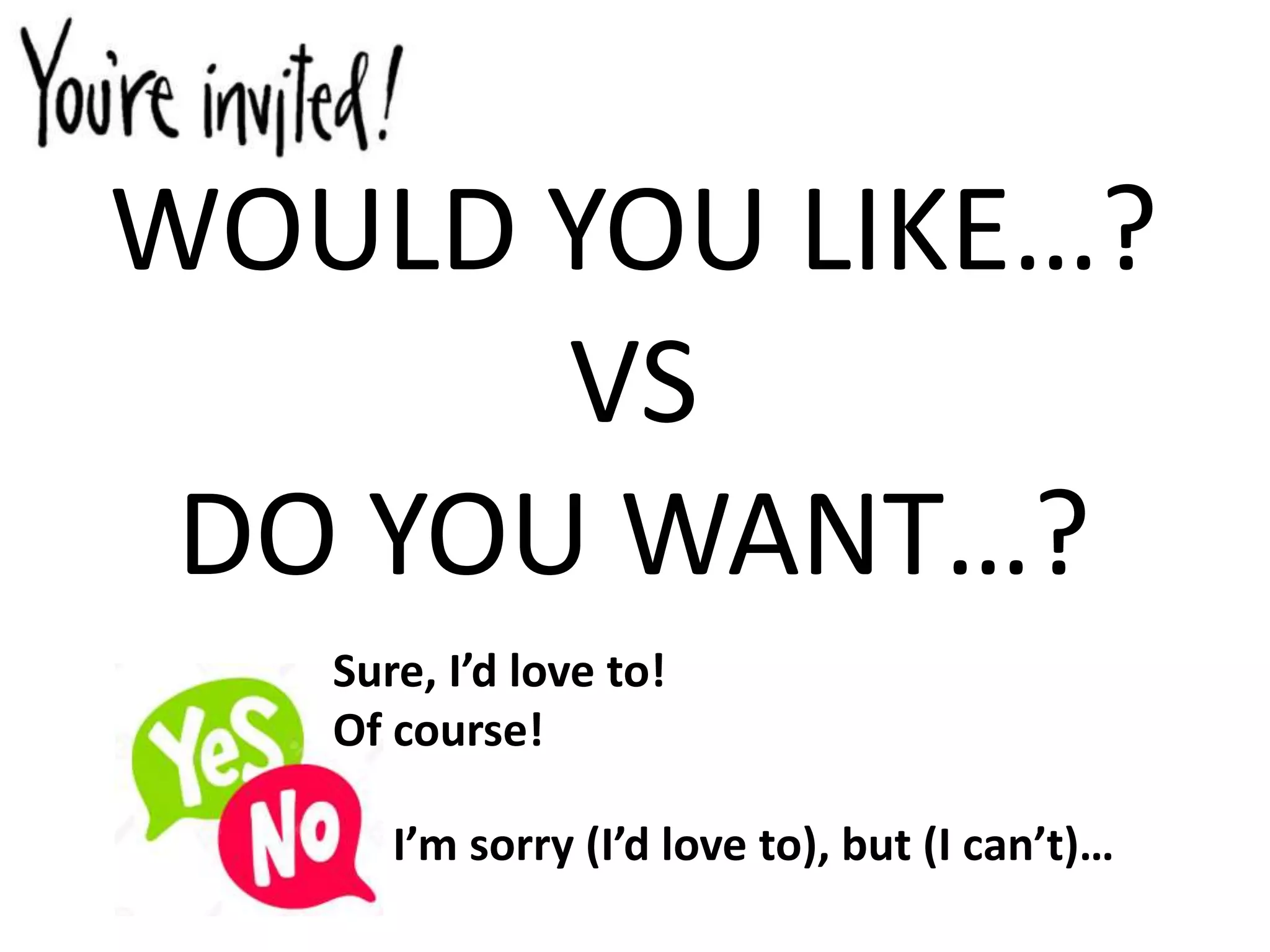 WOULD YOU LIKE…?
VS
DO YOU WANT…?
Sure, I’d love to!
Of course!
I’m sorry (I’d love to), but (I can’t)…
 