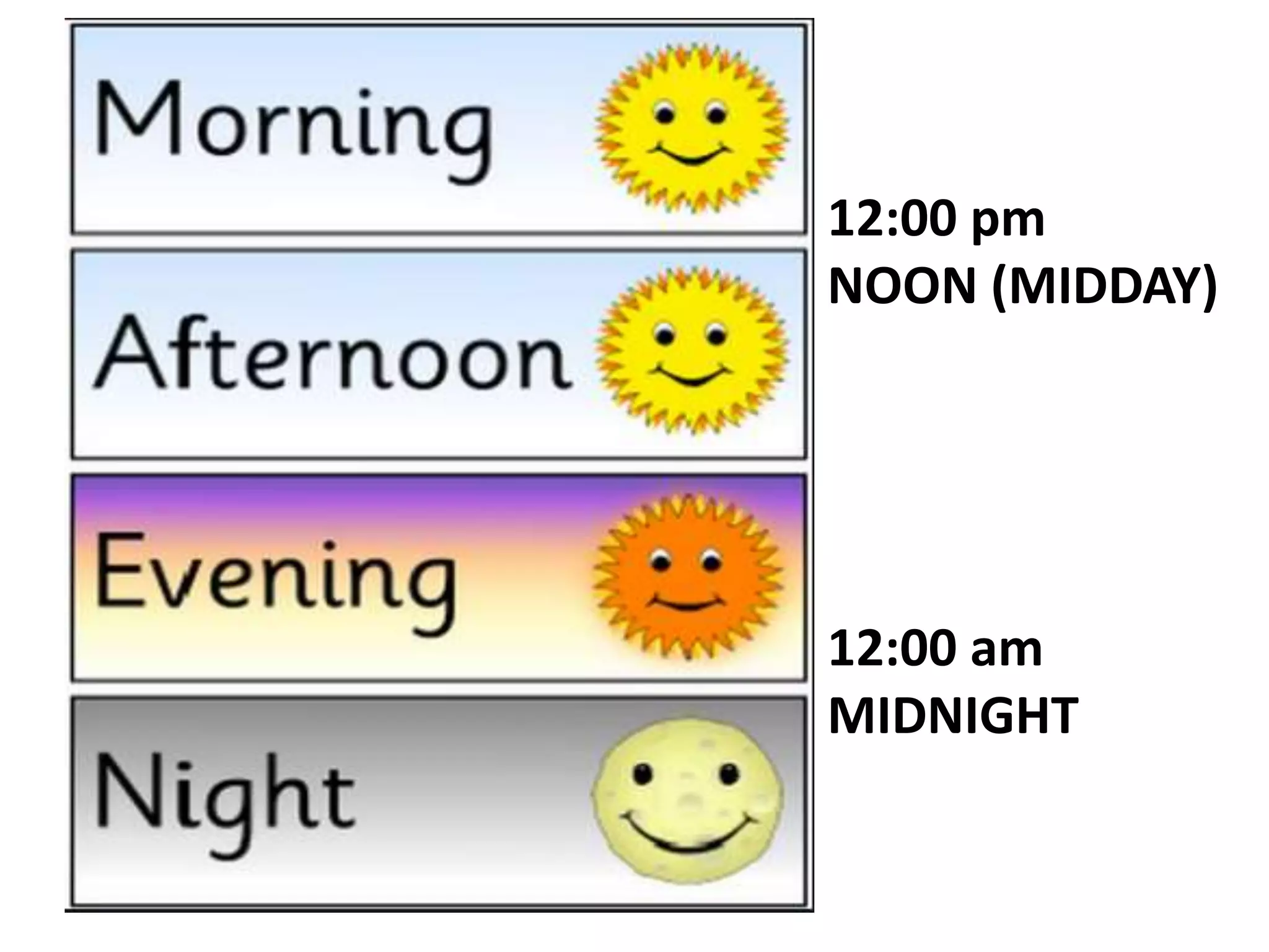 12:00 pm
NOON (MIDDAY)
12:00 am
MIDNIGHT
 