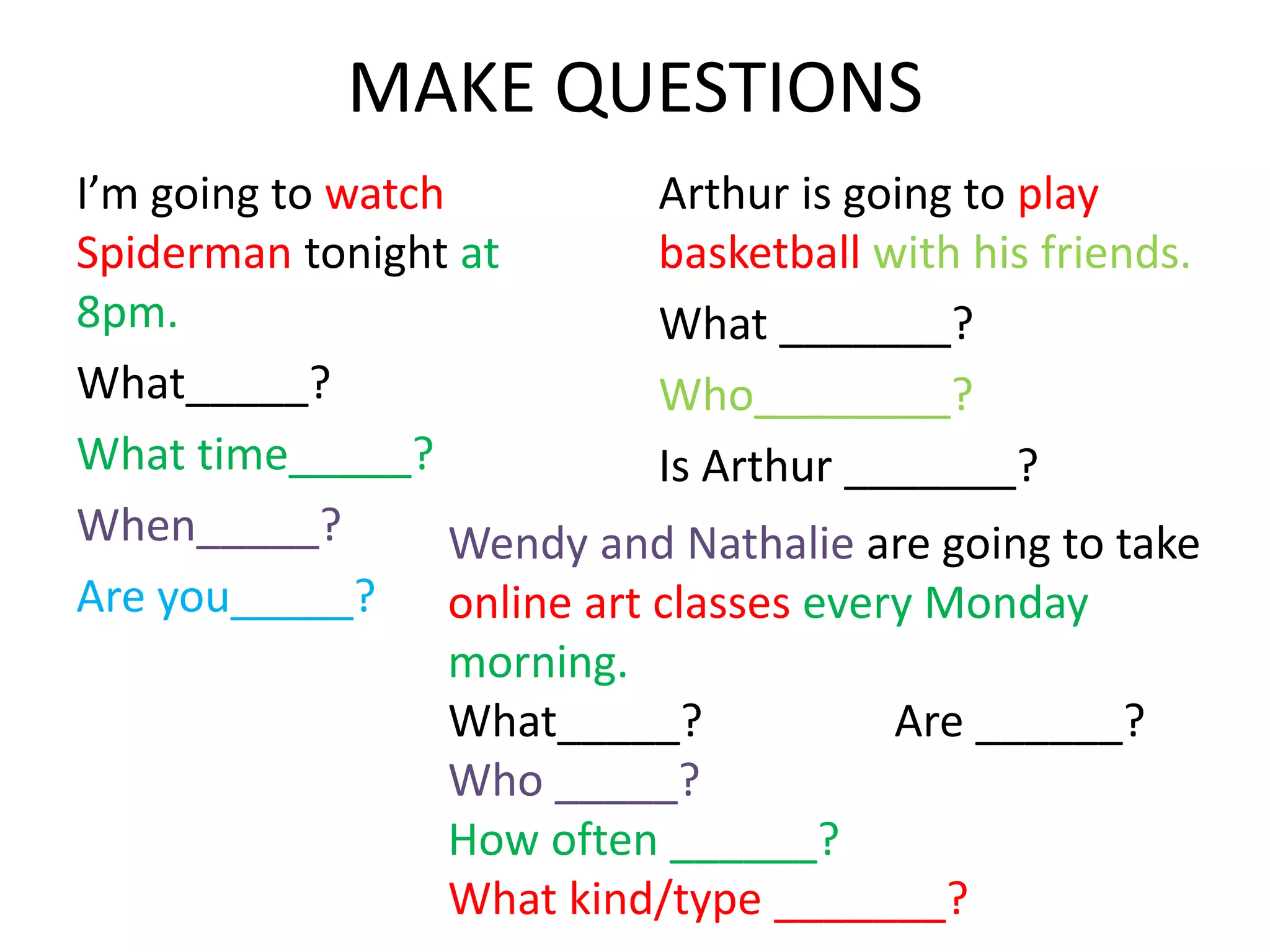 MAKE QUESTIONS
I’m going to watch
Spiderman tonight at
8pm.
What_____?
What time_____?
When_____?
Are you_____?
Arthur is going to play
basketball with his friends.
What _______?
Who________?
Is Arthur _______?
Wendy and Nathalie are going to take
online art classes every Monday
morning.
What_____? Are ______?
Who _____?
How often ______?
What kind/type _______?
 