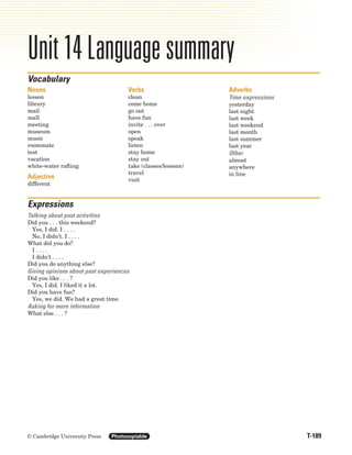 T-189
© Cambridge University Press Photocopiable
Unit 14 Language summary
Nouns
lesson
library
mail
mall
meeting
museum
music
roommate
test
vacation
white-water rafting
Adjective
different
Verbs
clean
come home
go out
have fun
invite . . . over
open
speak
listen
stay home
stay out
take (classes/lessons)
travel
visit
Adverbs
Time expressions
yesterday
last night
last week
last weekend
last month
last summer
last year
Other
almost
anywhere
in line
Vocabulary
Expressions
Talking about past activities
Did you . . . this weekend?
Yes, I did. I . . . .
No, I didn’t. I . . . .
What did you do?
I . . . .
I didn’t . . . .
Did you do anything else?
Giving opinions about past experiences
Did you like . . . ?
Yes, I did. I liked it a lot.
Did you have fun?
Yes, we did. We had a great time.
Asking for more information
What else . . . ?
8708_IC3_TEIntro_Summs_P05.02 12/2/04 1:05 PM Page 189
 