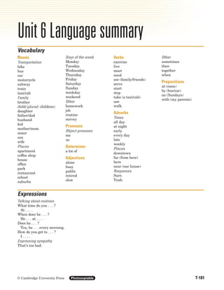 T-181
© Cambridge University Press Photocopiable
Unit 6 Language summary
Nouns
Transportation
bike
bus
car
motorcycle
subway
train
taxi/cab
Family
brother
child (plural: children)
daughter
father/dad
husband
kid
mother/mom
sister
son
wife
Places
apartment
coffee shop
house
office
park
restaurant
school
suburbs
Days of the week
Monday
Tuesday
Wednesday
Thursday
Friday
Saturday
Sunday
weekday
weekend
Other
homework
job
routine
survey
Pronouns
Object pronouns
me
us
Determiner
a lot of
Adjectives
alone
busy
public
retired
slow
Verbs
exercise
live
meet
need
see (family/friends)
serve
start
stop
take (a taxi/cab)
use
walk
Adverbs
Times
all day
at night
early
every day
late
weekly
Places
downtown
far (from here)
here
near (our house)
Responses
Sure.
Yeah.
Other
sometimes
then
together
when
Prepositions
at (noon)
by (bus/car)
on (Sundays)
with (my parents)
Vocabulary
Expressions
Talking about routines
What time do you . . . ?
At . . . .
When does he . . . ?
He . . . at . . . .
Does he . . . ?
Yes, he . . . every morning.
How do you get to . . . ?
I . . . .
Expressing sympathy
That’s too bad.
8708_IC3_TEIntro_Summs_P05.02 12/2/04 1:05 PM Page 181
 