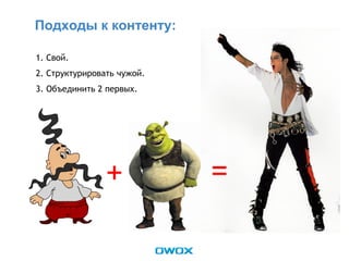 Подходы к контенту:
1. Свой.
2. Структурировать чужой.
3. Объединить 2 первых.
+ =
 