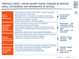 © InterChinaConfidential
Machinery sector: uneven growth heavily impacted by stimulus
policy, consolidation and development of services
Market:
Uneven
development
Competition:
Sales and
services,
adaptation key
Policies:
Impactful and
transformative
Consolidation:
Losers leave,
Chinese look
abroad
• Large differences between client sectors – growth, stagnation,
and contraction can all be seen.
• Automation is key - cost increases and quality requirements.
• POE clients now more dominant than SOE, but have different
demands (more efficiency oriented)
• Financing more difficult – increase in leasing
• Foreign competitors are main source of competition.
• Services and solutions will drive sales.
• Key competitive parameters: customer orientation (pre-sales,
solution offers, post-sales service), product adaptation, market
references.
• Adaptation to local market trumps production localization.
• Many sectors that consume machine tools are sensitive to policy
change: e.g. construction, railways, windpower
• Opportunities change with each policy change
• Concentration of sales among successful companies, both foreign
and Chinese. Weak will exit as opposed to being bought.
• Some specific opportunities for acquisition.
• Chinese companies more active internationally
• Benchmark and
restructure; focus
on structure of all
sales
• 2nd brand not
workable?
• Review client
focus and
portfolio.
• Monitor closely,
maintain high
flexibility
• Identify targets
early on
• Look at global
opportunity
27
 