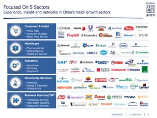 © InterChinaConfidential
Focused On 5 Sectors
Experience, insight and networks in China’s major growth sectors
Consumer & Retail
• FMCG, F&B
• Consumer Durables
• Retail, Food Service
Healthcare
• Pharmaceuticals
• Medical Devices
• Healthcare Services
Industrial
• Automotive
• Machinery
• Equipment
Chemicals/Materials
• Chemicals
• Energy & Cleantech
• Infrastructure
Business Services/TMT
• Professional Services
• Multi-sector Solutions
• Outsourcing Services
4
 