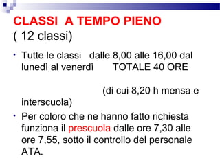 CLASSI A TEMPO PIENO
( 12 classi)
•

Tutte le classi dalle 8,00 alle 16,00 dal
lunedì al venerdì
TOTALE 40 ORE
(di cui 8,20 h mensa e

•

interscuola)
Per coloro che ne hanno fatto richiesta
funziona il prescuola dalle ore 7,30 alle
ore 7,55, sotto il controllo del personale
ATA.

 