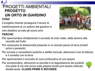 PROGETTI AMBIENTALI
PROGETTO
UN ORTO IN GIARDINO

COSA
Il progetto intende proseguire il lavoro di
trasformazione di un settore del giardino in
orto didattico avviato gli scorsi anni
PERCHE’
Per sperimentare direttamente il concetto di ciclo vitale, dalla semina alla
raccolta del frutto
Per conoscere la biodiversità presente in un piccolo pezzo di terra (insetti
amici e parassiti)
Per avviare e consolidare pratiche e abilità manuali, attraverso l’uso di attrezzi
e il contatto con la terra
Per sperimentare il concetto di cura continuativa di uno spazio
Per comprendere, attraverso la raccolta e la degustazione dei prodotti,
che parte di ciò che arriva sulla propria tavola può essere coltivato
direttamente CLASSI PRIME E SECONDE

 