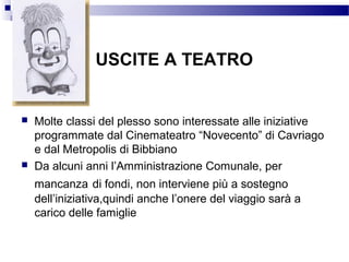 USCITE A TEATRO





Molte classi del plesso sono interessate alle iniziative
programmate dal Cinemateatro “Novecento” di Cavriago
e dal Metropolis di Bibbiano
Da alcuni anni l’Amministrazione Comunale, per
mancanza di fondi, non interviene più a sostegno
dell’iniziativa,quindi anche l’onere del viaggio sarà a
carico delle famiglie

 