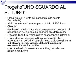 Progetto”UNO SGUARDO AL
FUTURO”
•
•
•
•
•
•

•

Classi quinte (in vista del passaggio alla scuola
Secondaria)
Inizio novembre/dicembre per un totale di 20/22 ore
Obiettivi:
-facilitare in modo graduale e consapevole i processi di
separazione dal gruppo di appartenenza della classe
- favorire l’apertura verso nuove conoscenze e relazioni
- poter dare accoglienza all’inevitabile ansia che
accompagna i periodi di cambiamento e aiutare gli alunni
ad attivare risorse, facendo del cambiamento un
elemento di crescita positiva.
- porre le basi , in maniera preventiva, per relazioni
solide e produttive

 