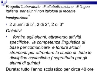 Progetto”Laboratorio di alfabetizzazione di lingua
italiana per alunni non italofoni di recente
immigrazione”

2 alunni di 5°, 2 di 2°, 2 di 3°
Obiettivi
•
fornire agli alunni, attraverso attività
specifiche, la competenza linguistica di
base per comunicare e fornire alcuni
strumenti per affrontare lo studio di tutte le
discipline scolastiche ( soprattutto per gli
alunni di quinta)
Durata: tutto l’anno scolastico per circa 40 ore
•

 