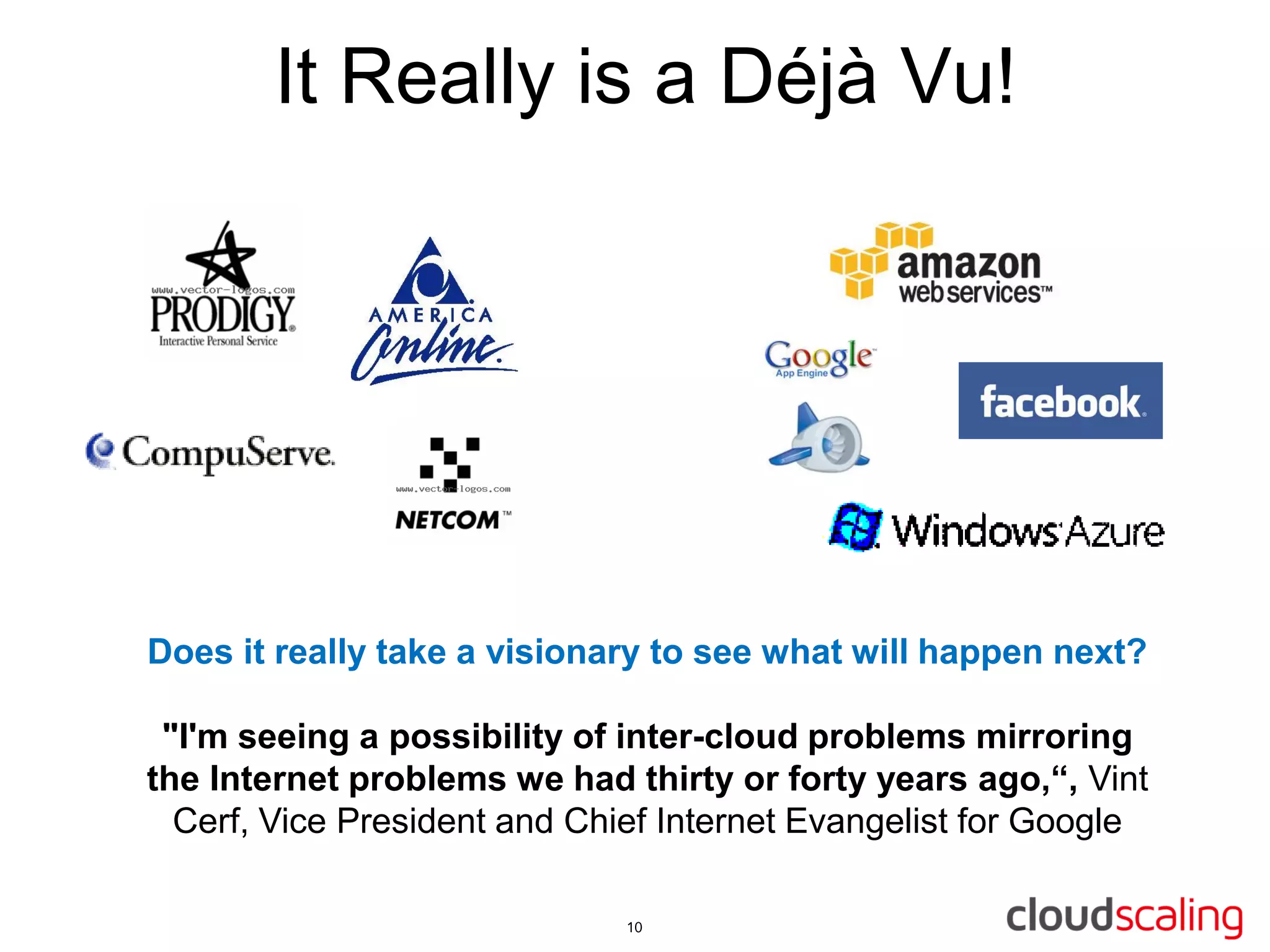 It Really is a Déjà Vu!




Does it really take a visionary to see what will happen next?

 "I'm seeing a possibility of inter-cloud problems mirroring
the Internet problems we had thirty or forty years ago,“, Vint
  Cerf, Vice President and Chief Internet Evangelist for Google
 