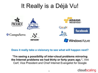 It Really is a Déjà Vu!




Does it really take a visionary to see what will happen next?

 "I'm seeing a possibility of inter-cloud problems mirroring
the Internet problems we had thirty or forty years ago,“, Vint
  Cerf, Vice President and Chief Internet Evangelist for Google
 