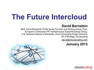 David Bernstein
IEEE Cloud Standards P2300 Series Founder and Working Group Chair,
    European Commission FP7 eInfrastructure Expert/Roadmap Group,
 U.S. National Institute of Standards, Cloud Computing Project Scientist;
                                             VP of Strategy, Cloudscaling
                                            david@cloudscaling.com
                                                 January 2013
 