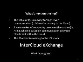 What’s next on the net? The value of IXs is moving to “high level” communication ( …Internet is moving to the Cloud ). A new market of computing resources (hw and sw) is rising, which is based on communication between clouds and within the cloud. The IX model is evolving to the ICX model Work in progress… InterCloud eXchange 