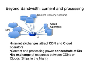 Beyond Bandwidth: content and processing Internet eXchanges attract  CDN and Cloud  operators Content and processing power  concentrate at I X s No exchange  of resources between CDNs or Clouds (Ships in the Night) ISPs Content Delivery Networks Cloud  Operators IX 