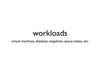 workloads
virtual machines, database snapshots, queue states, etc.
 