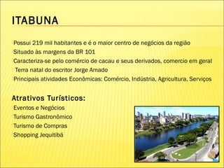 ITABUNA
Possui 219 mil habitantes e é o maior centro de negócios da região
Situado às margens da BR 101
Caracteriza-se pelo comércio de cacau e seus derivados, comercio em geral
 Terra natal do escritor Jorge Amado
Principais atividades Econômicas: Comércio, Indústria, Agricultura, Serviços
Atrativos Turísticos:
Eventos e Negócios
Turismo Gastronômico
Turismo de Compras
Shopping Jequitibá
 