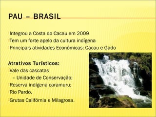 PAU – BRASIL
Integrou a Costa do Cacau em 2009
Tem um forte apelo da cultura indígena
Principais atividades Econômicas: Cacau e Gado
Atrativos Turísticos:
Vale das cascatas
– Unidade de Conservação;
Reserva indígena caramuru;
Rio Pardo.
Grutas Califórnia e Milagrosa.
 