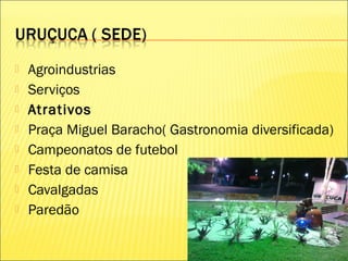  Agroindustrias
 Serviços
 Atrativos
 Praça Miguel Baracho( Gastronomia diversificada)
 Campeonatos de futebol
 Festa de camisa
 Cavalgadas
 Paredão
 