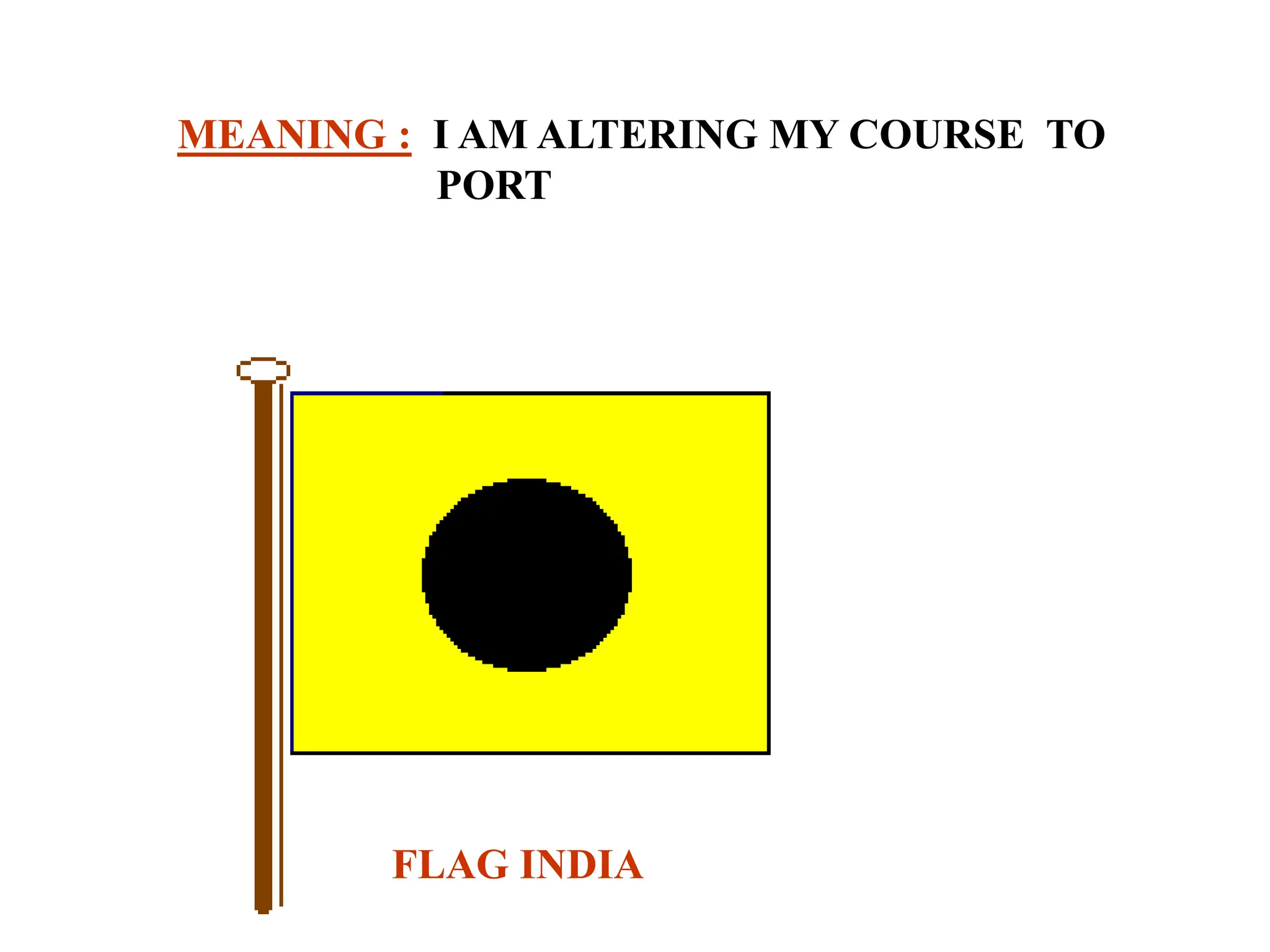 MEANING : I AM ALTERING MY COURSE TO
PORT
FLAG INDIA
 