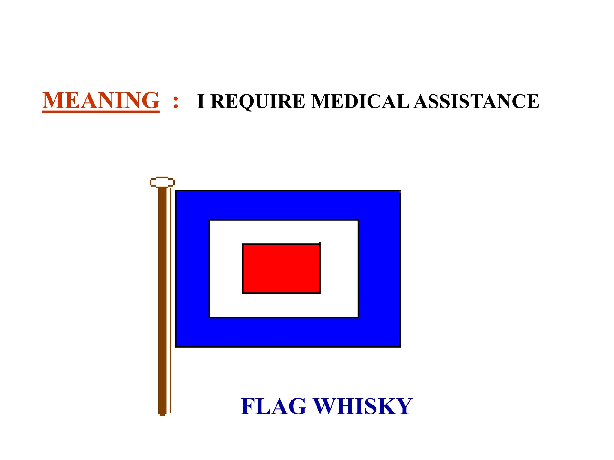 FLAG WHISKY
MEANING : I REQUIRE MEDICAL ASSISTANCE
 