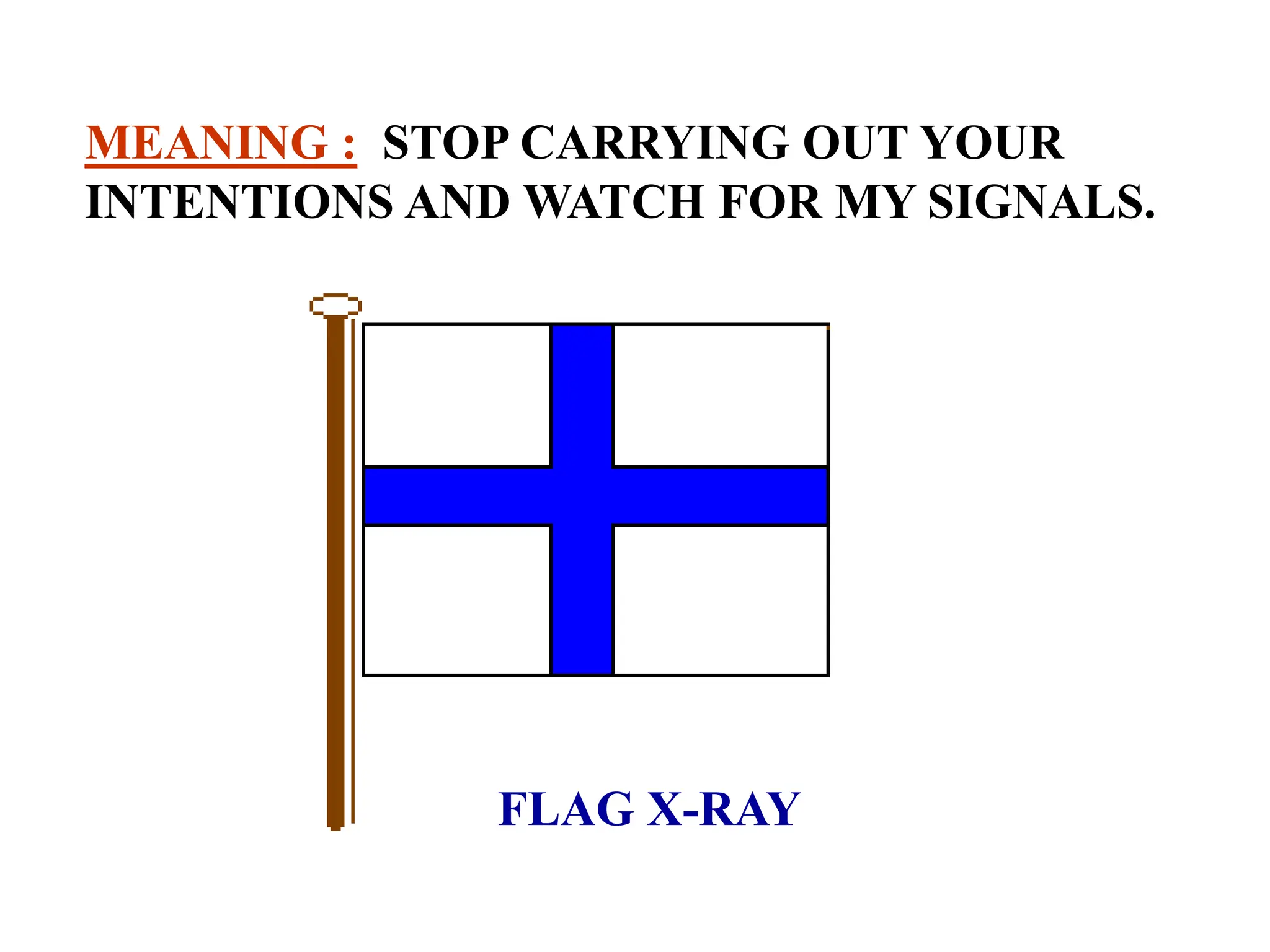 FLAG X-RAY
MEANING : STOP CARRYING OUT YOUR
INTENTIONS AND WATCH FOR MY SIGNALS.
 