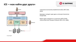 ICE – «как найти друг друга»
(C) Ilya Grigorik
«Interactive Connectivity Establishment (ICE)» (RFC 5245,
2010)
Браузеры «находят» друг друга, используя технологии
STUN/TURN.
Видео-аудио передается по протоколу SRTP (/UDP).
«Secure Real-time Transport Protocol» (RFC 3711, 2004)
 