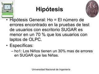 Hipótesis Hipótesis General: Ho = El número de errores encontrado en la pruebas de test de usuarios con escritorio SUGAR es menor en un 70 % que los usuarios con laptos de OLPC. Específicas: ho1: Los Niños tienen un 30% mas de errores en SUGAR que las Niñas. 