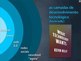 31



                                   as camadas de
                                   desenvolvimento
                                   tecnológico
                                   (kevin kelly)


internet
    www

           web
           2.0
                 redes
                 sociais
                        newsfeed
                        “agora”
 