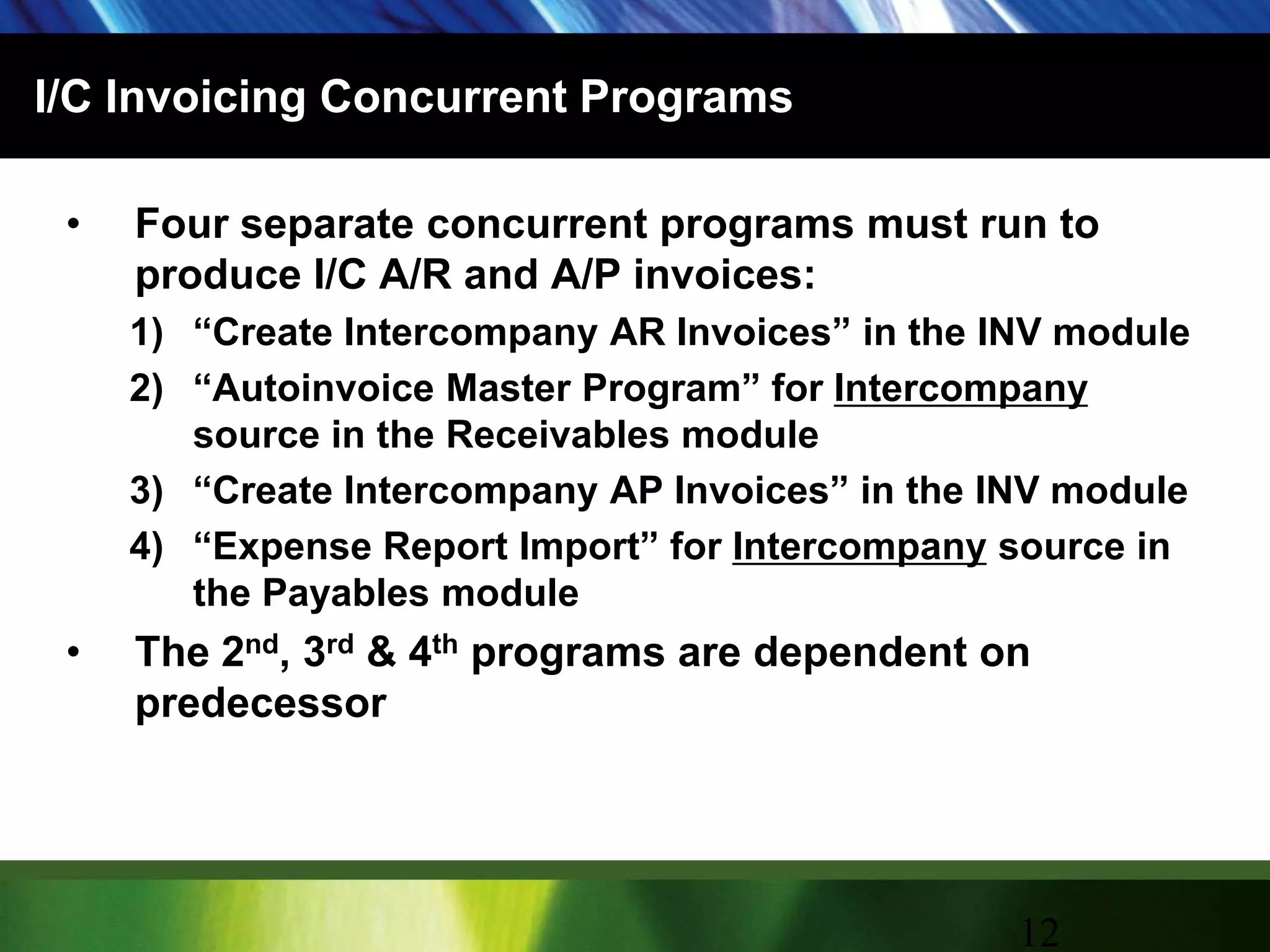 I/C Invoicing Concurrent ProgramsFour separate concurrent programs must run to produce I/C A/R and A/P invoices:“Create Intercompany AR Invoices” in the INV module“Autoinvoice Master Program” for Intercompany source in the Receivables module“Create Intercompany AP Invoices” in the INV module“Expense Report Import” for Intercompany source in the Payables moduleThe 2nd, 3rd & 4th programs are dependent on predecessor12