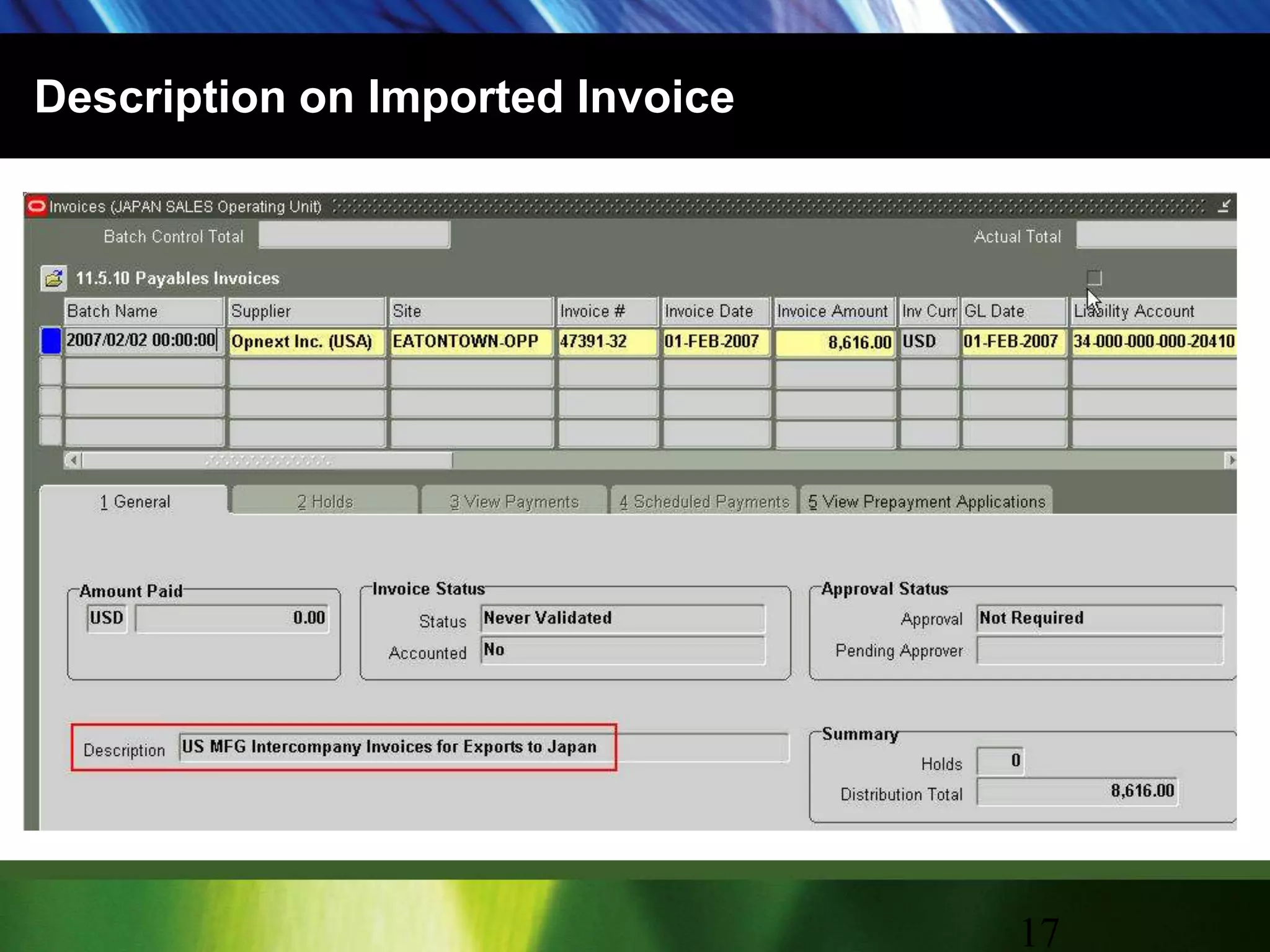 Description on Imported Invoice17