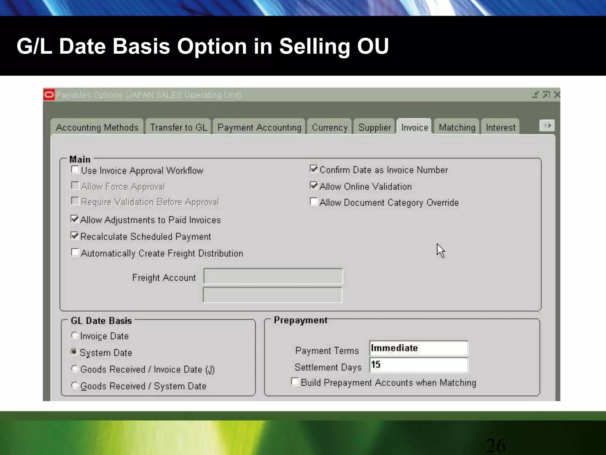 G/L Date Basis Option in Selling OU26