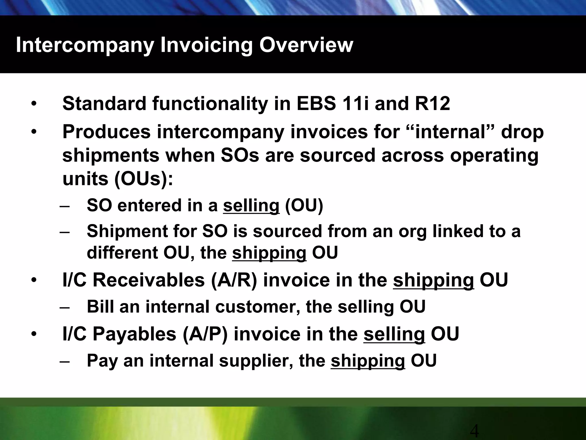 Intercompany Invoicing OverviewStandard functionality in EBS 11i and R12Produces intercompany invoices for “internal” drop shipments when SOs are sourced across operating units (OUs):SO entered in a selling (OU)Shipment for SO is sourced from an org linked to a different OU, the shipping OUI/C Receivables (A/R) invoice in the shipping OUBill an internal customer, the selling OUI/C Payables (A/P) invoice in the selling OUPay an internal supplier, the shipping OU4