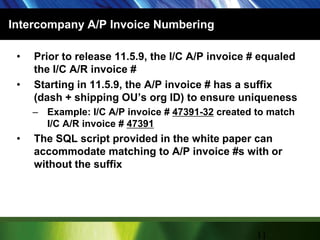 Intercompany A/P Invoice NumberingPrior to release 11.5.9, the I/C A/P invoice # equaled the I/C A/R invoice #Starting in 11.5.9, the A/P invoice # has a suffix (dash + shipping OU’s org ID) to ensure uniquenessExample: I/C A/P invoice # 47391-32 created to match I/C A/R invoice # 47391The SQL script provided in the white paper can accommodate matching to A/P invoice #s with or without the suffix11