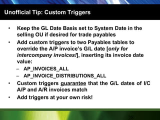 Unofficial Tip: Custom TriggersKeep the GL Date Basis set to System Date in the selling OU if desired for trade payablesAdd custom triggers to two Payables tables to override the A/P invoice’s G/L date [only for intercompany invoices!], inserting its invoice date value:AP_INVOICES_ALLAP_INVOICE_DISTRIBUTIONS_ALLCustom triggers guarantee that the G/L dates of I/C A/P and A/R invoices matchAdd triggers at your own risk!28