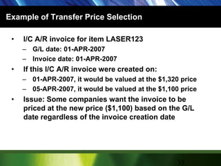 Example of Transfer Price SelectionI/C A/R invoice for item LASER123G/L date: 01-APR-2007Invoice date: 01-APR-2007If this I/C A/R invoice were created on:01-APR-2007, it would be valued at the $1,320 price05-APR-2007, it would be valued at the $1,100 priceIssue: Some companies want the invoice to be priced at the new price ($1,100) based on the G/L date regardless of the invoice creation date35