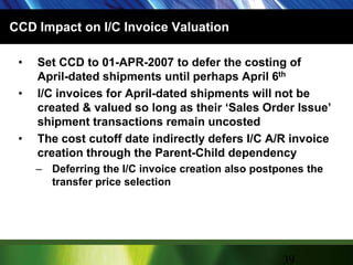 CCD Impact on I/C Invoice ValuationSet CCD to 01-APR-2007 to defer the costing of April-dated shipments until perhaps April 6thI/C invoices for April-dated shipments will not be created & valued so long as their ‘Sales Order Issue’ shipment transactions remain uncostedThe cost cutoff date indirectly defers I/C A/R invoice creation through the Parent-Child dependencyDeferring the I/C invoice creation also postpones the transfer price selection39
