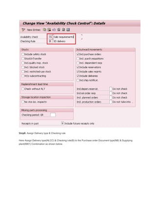 Step8. Assign Delivery type & Checking rule
Here Assign Delivery type(NLCC) & Checking rule(B) to the Purchase order Document type(NB) & Supplying
plant(6661) Combination as shown below.
 