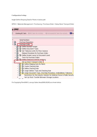 Configuration Settings
Step5. Define Shipping Data for Plants in below path
SPRO > Materials Management> Purchasing > Purchase Order > Setup Stock TransportOrder
For Supplying Plant(6661),assign Sales Area(6666,66,66) as shown below.
 