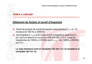 Exercici d’intercomparació: mesures d’aïllament acústic

Índex a calcular
Aïllament de forjats al soroll d’impactes
Nivell de pressió de soroll d'impactes estandarditzat L'nT, en 1/3
d’octava de 100 Hz a 5000 Hz.
Nivell global (L’nT,w) amb el seu terme d’adaptació espectral C1,
tal i com es descriu en la norma UNE-EN ISO 717-2. (rang de
freqüències de 100Hz a 3150Hz per l'L’nT,w , i de 100Hz a 2500Hz
per C1).
La sala emissora serà el menjador del 2on 1a i la receptora el
menjador del 1er 1a.
10

 