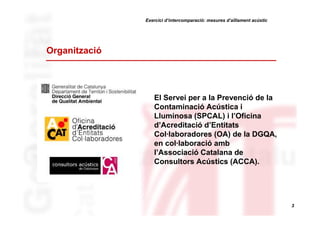 Exercici d’intercomparació: mesures d’aïllament acústic

Organització

El Servei per a la Prevenció de la
Contaminació Acústica i
Lluminosa (SPCAL) i l’Oficina
d’Acreditació d’Entitats
Col·laboradores (OA) de la DGQA,
en col·laboració amb
l’Associació Catalana de
Consultors Acústics (ACCA).

3

 
