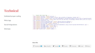 Validated proper coding
Meta tags
Social Integrations
Sitemaps
Technical
 