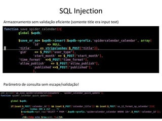 SQL Injection
Armazenamento sem validação eficiente (somente title era input text)
Parâmetro de consulta sem escape/validação!
 