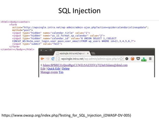 SQL Injection
https://www.owasp.org/index.php/Testing_for_SQL_Injection_(OWASP-DV-005)
 